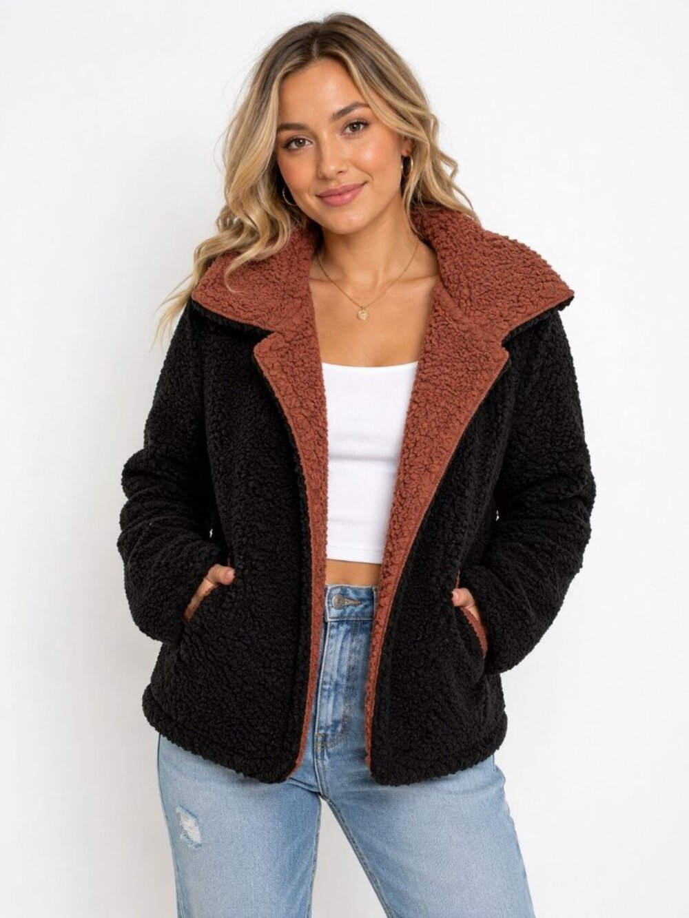 Urban Outfitters Reversible Sherpa Hooded Jacket Black & Brown XS/S